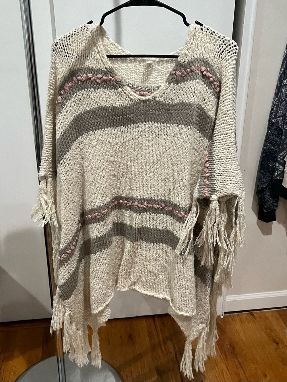 Cream Fringe Knit Poncho with Pink Trim